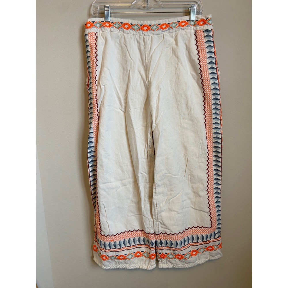 Anthropologie‎ Embroidered Cropped Pants Cream Boho Festival Size 12 - Picture 2 of 11